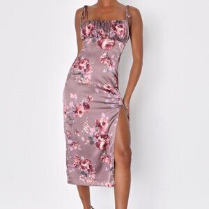 Lulus Fleur-ty Behavior Mauve Floral Satin Tie-strap Midi Dress Purple - Size S